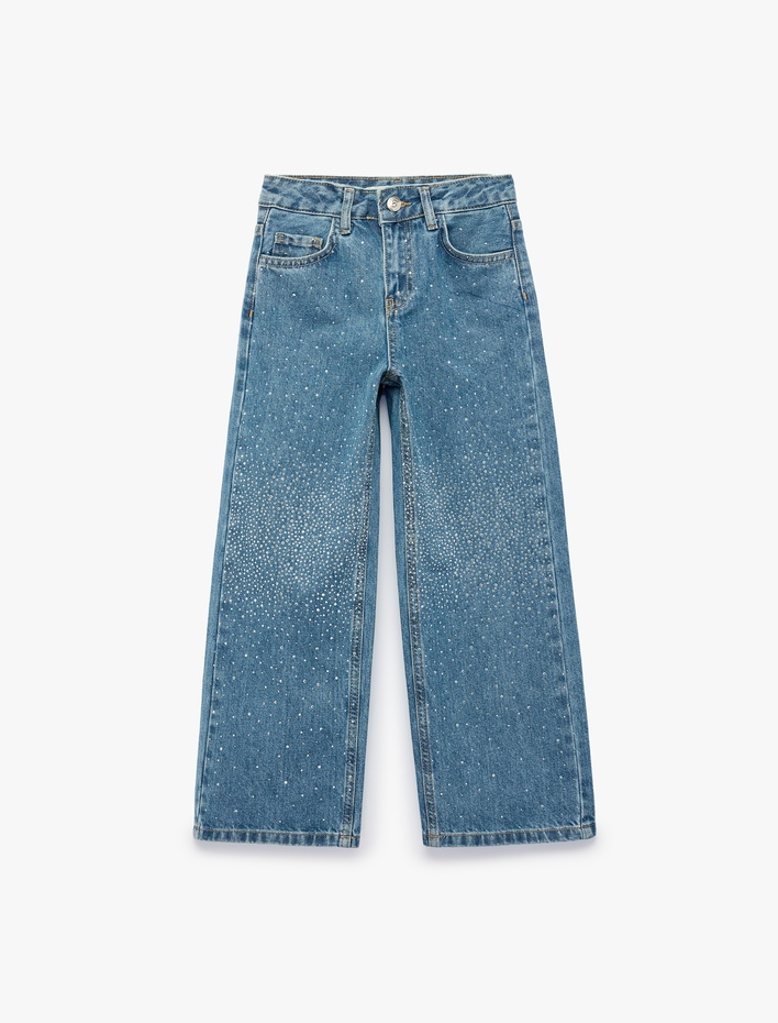 Kız Çocuk Pul Detaylı Pamuklu Geniş Paça Denim Pantolon