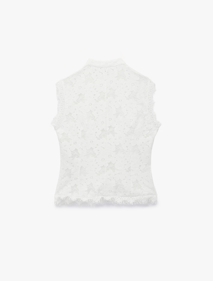  Koton X Melis Ağazat - Kolsuz Floral Dokulu Dik Qipao Yaka Güpür Dantel Bluz