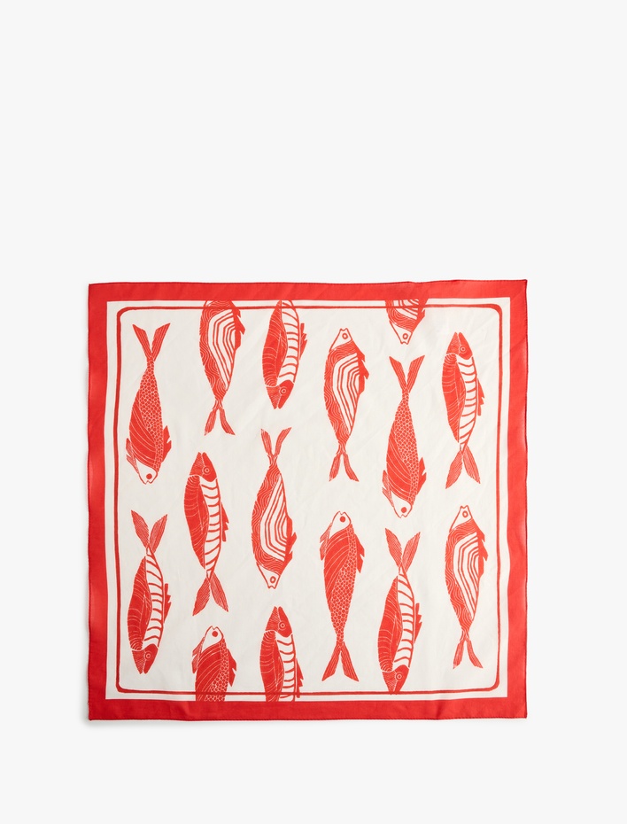 Kadın Pamuklu Balık Desenli Kare Fular Bandana