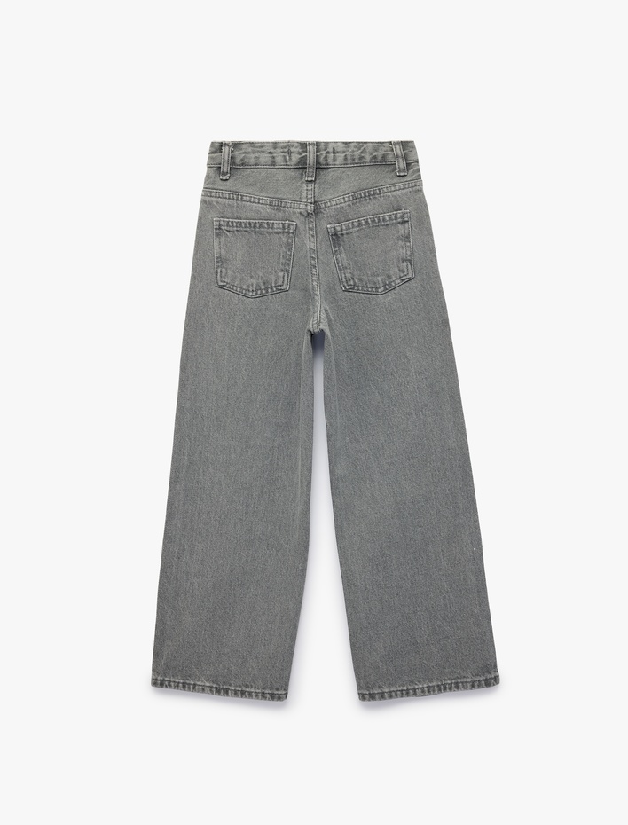 Kız Çocuk Fiyonk Nakış Detaylı Pamuklu Geniş Paça Denim Pantolon