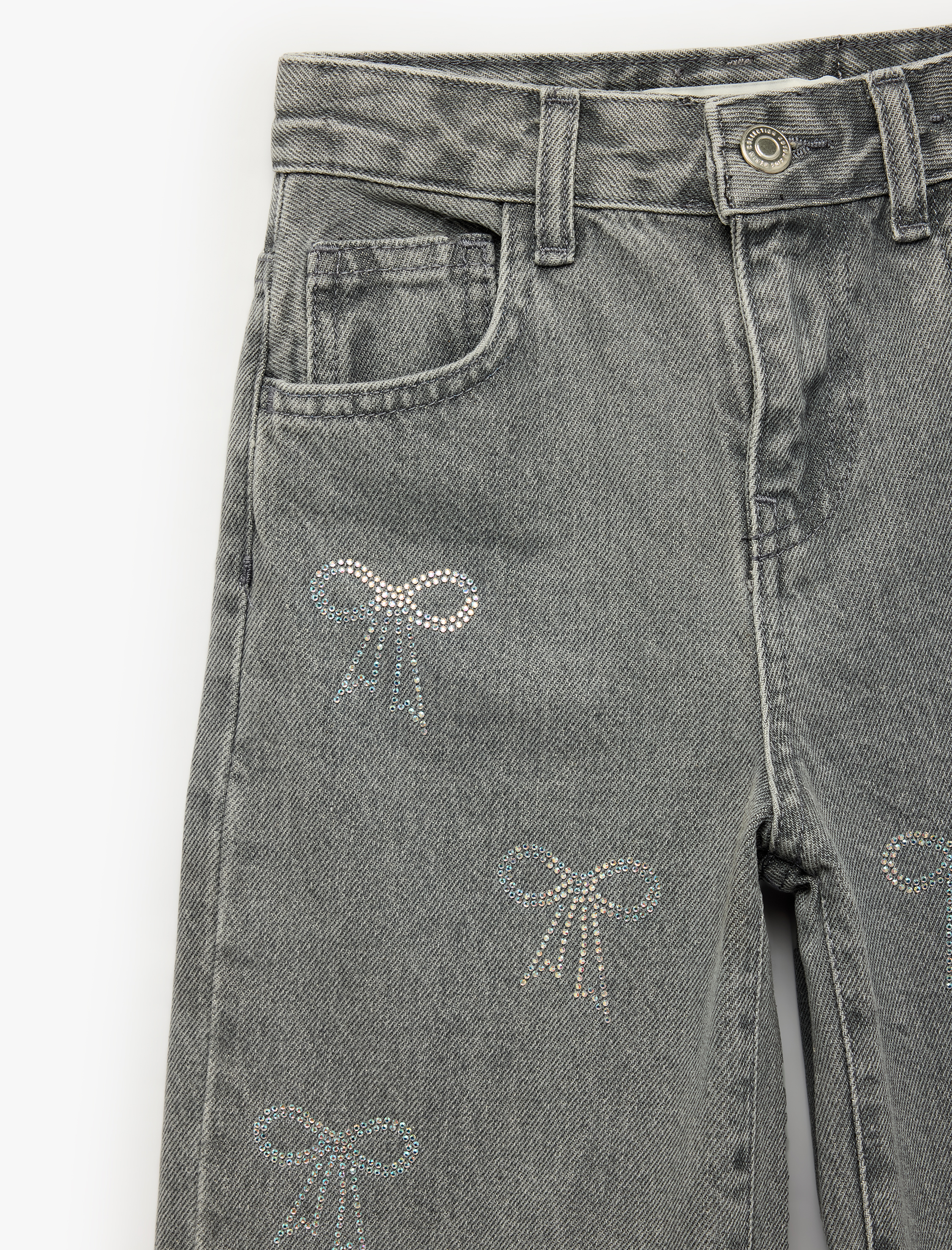  Kız Çocuk Fiyonk Nakış Detaylı Pamuklu Geniş Paça Denim Pantolon