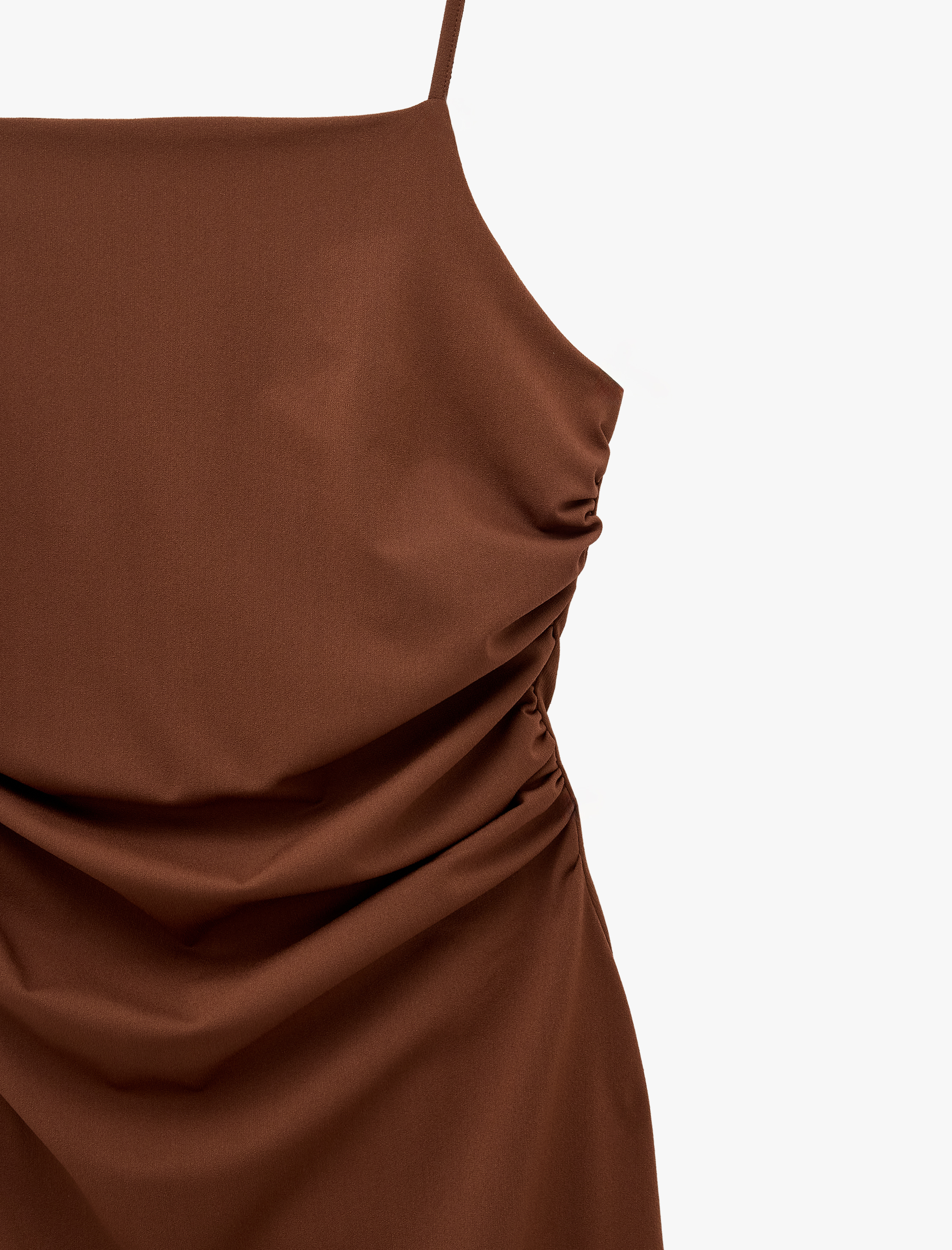   Slim Fit Kare Yaka İp Askılı Drapeli Midi Elbise