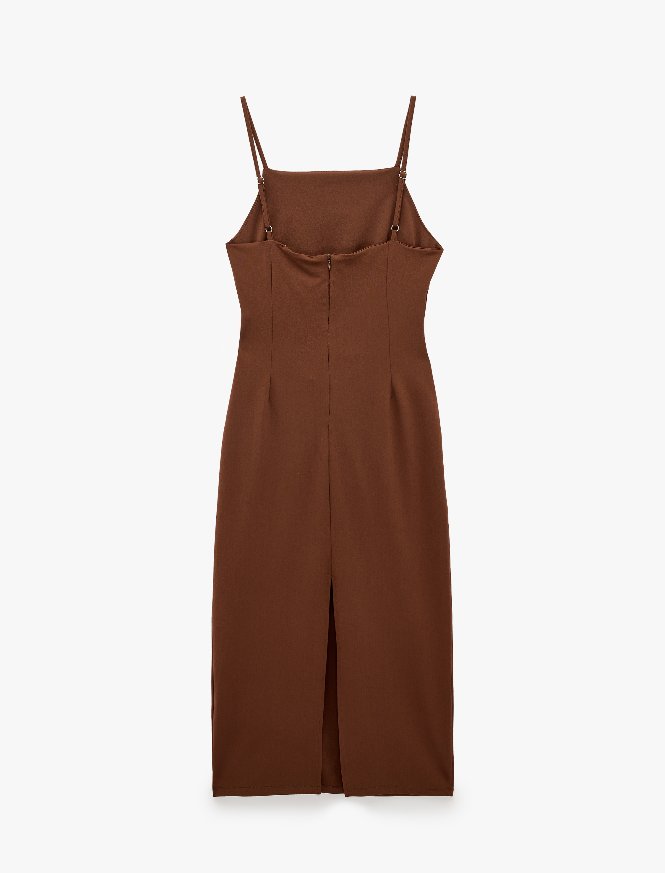   Slim Fit Kare Yaka İp Askılı Drapeli Midi Elbise