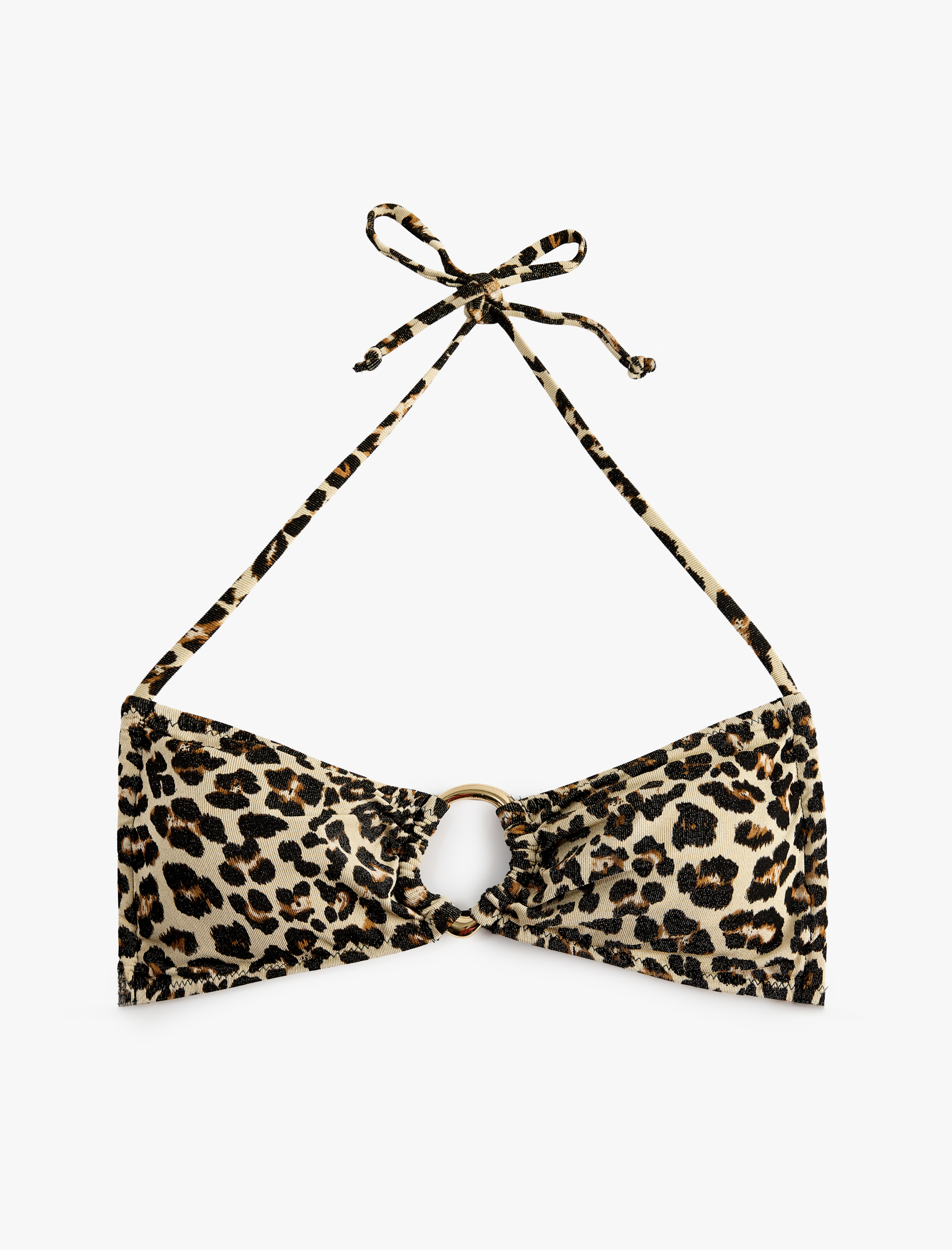   Boyundan Bağlamalı Halka Detaylı Leopar Desenli Bandeau Bikini Üstü