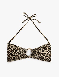 Boyundan Bağlamalı Halka Detaylı Leopar Desenli Bandeau Bikini Üstü