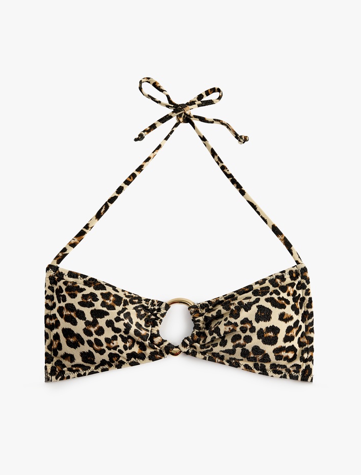  Boyundan Bağlamalı Halka Detaylı Leopar Desenli Bandeau Bikini Üstü