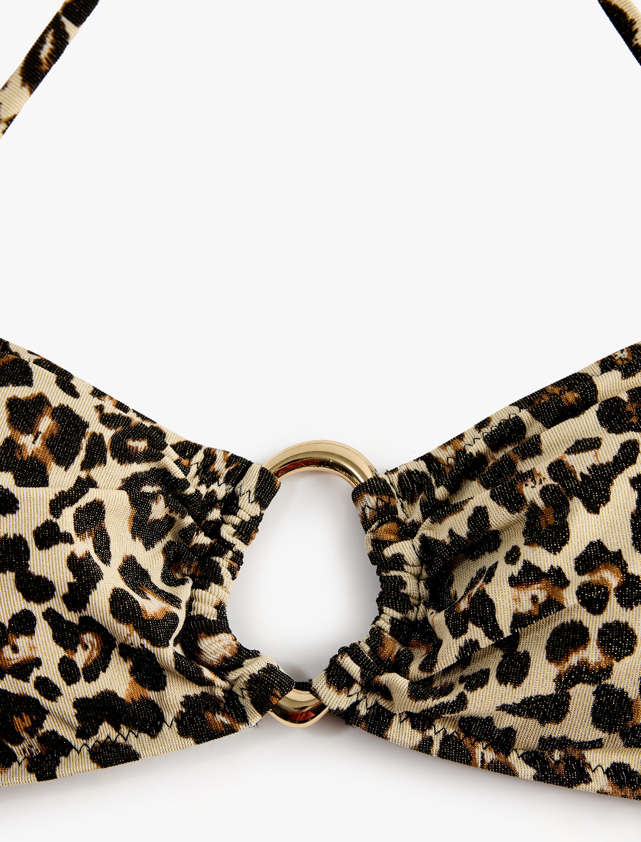   Boyundan Bağlamalı Halka Detaylı Leopar Desenli Bandeau Bikini Üstü