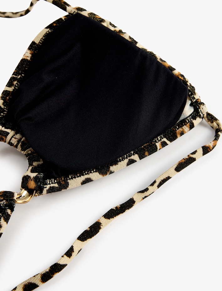  Boyundan Bağlamalı Halka Detaylı Leopar Desenli Bandeau Bikini Üstü
