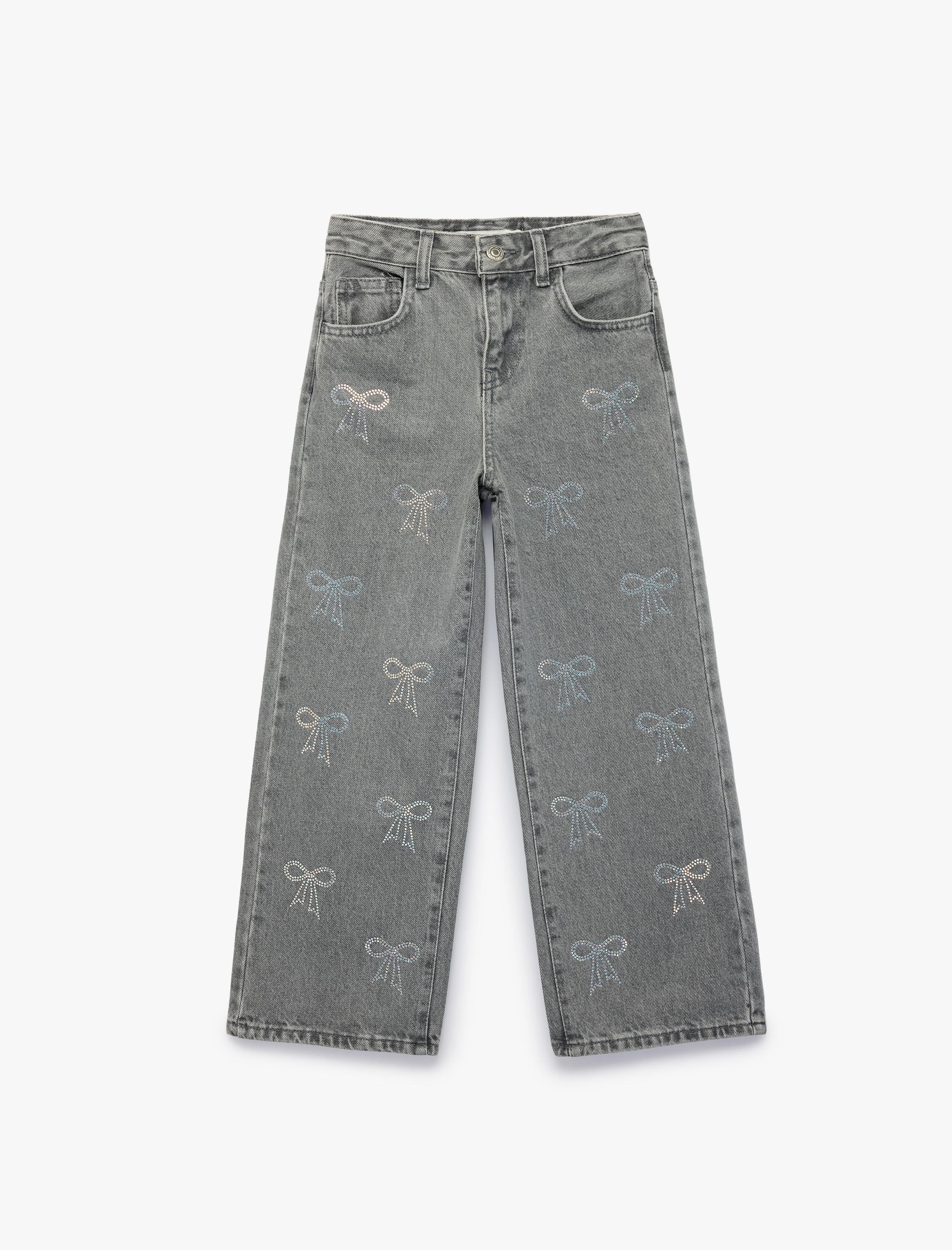  Kız Çocuk Fiyonk Nakış Detaylı Pamuklu Geniş Paça Denim Pantolon