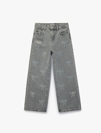 Fiyonk Nakış Detaylı Pamuklu Geniş Paça Denim Pantolon