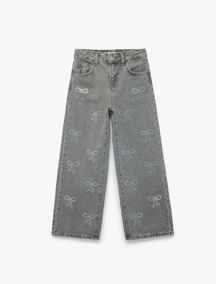 Kız Çocuk Fiyonk Nakış Detaylı Pamuklu Geniş Paça Denim Pantolon