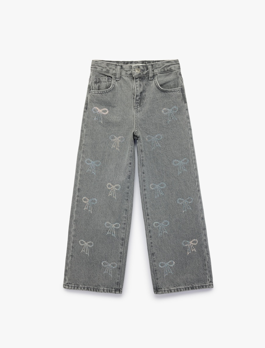 Koton Fiyonk Nakış Detaylı Pamuklu Geniş Paça Denim Pantolon