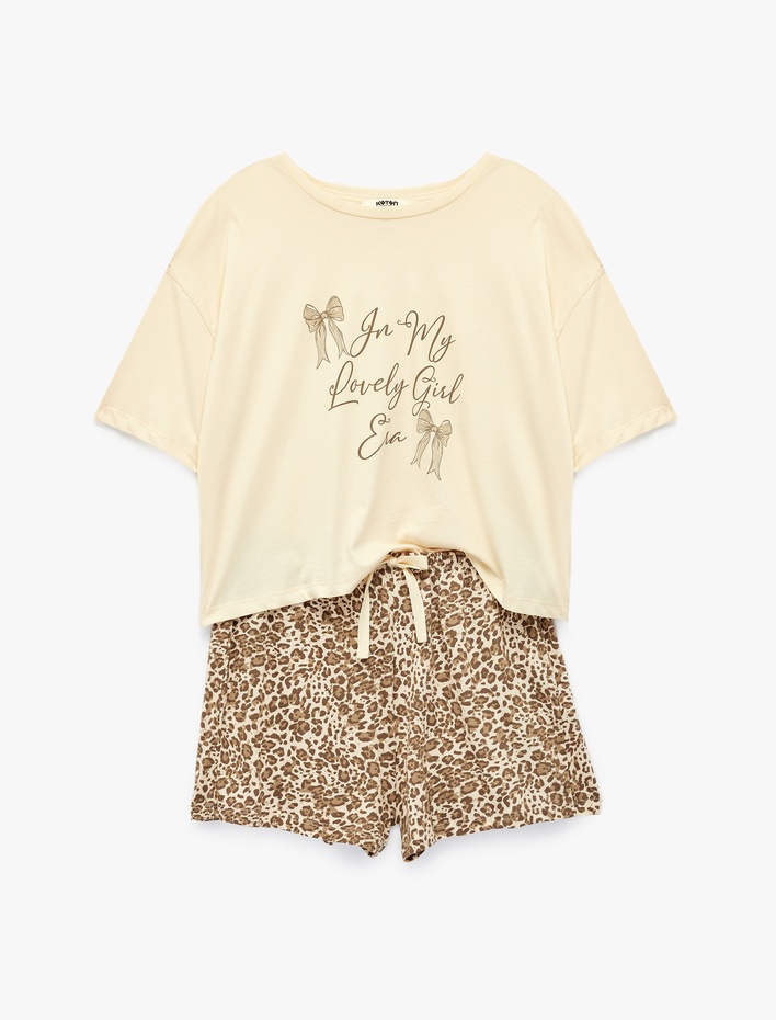  Leopar Desenli Pamuklu Kısa Kollu Şortlu Pijama Takımı