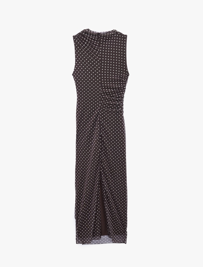  Drapeli Slim Fit Kolsuz Bisiklet Yaka Puantiyeli Uzun Elbise