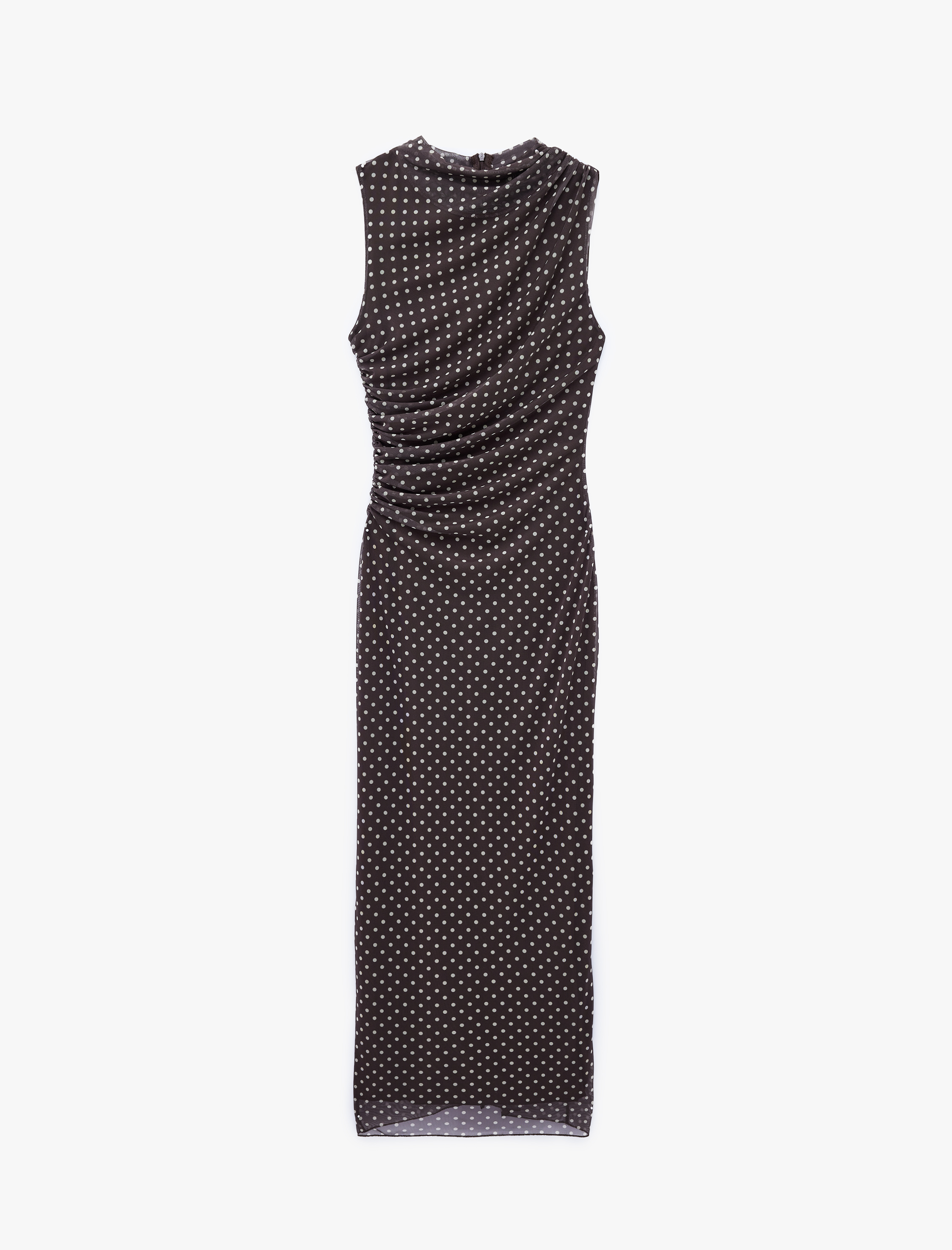   Drapeli Slim Fit Kolsuz Bisiklet Yaka Puantiyeli Uzun Elbise