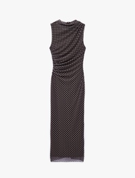Drapeli Slim Fit Kolsuz Bisiklet Yaka Puantiyeli Uzun Elbise