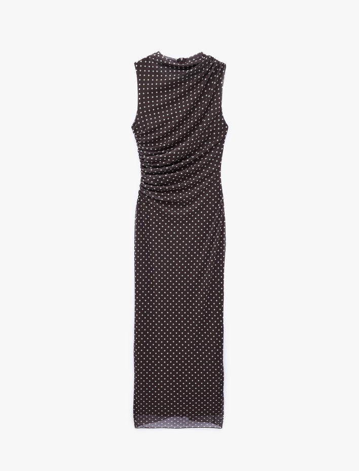  Drapeli Slim Fit Kolsuz Bisiklet Yaka Puantiyeli Uzun Elbise
