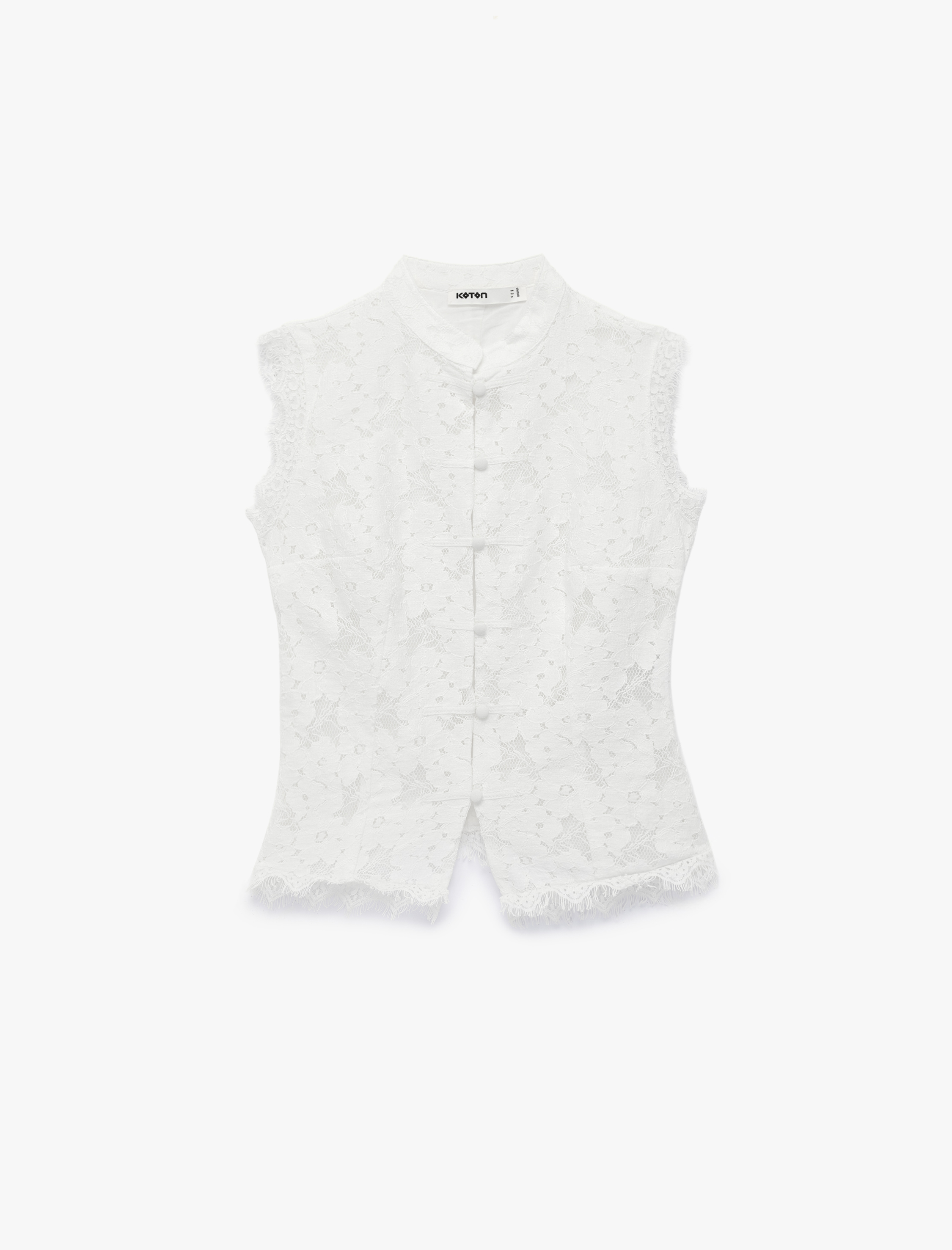   Koton X Melis Ağazat - Kolsuz Floral Dokulu Dik Qipao Yaka Güpür Dantel Bluz