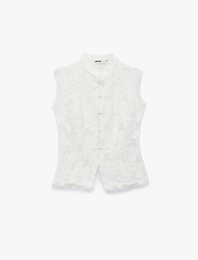 Koton X Melis Ağazat - Kolsuz Floral Dokulu Dik Qipao Yaka Güpür Dantel Bluz