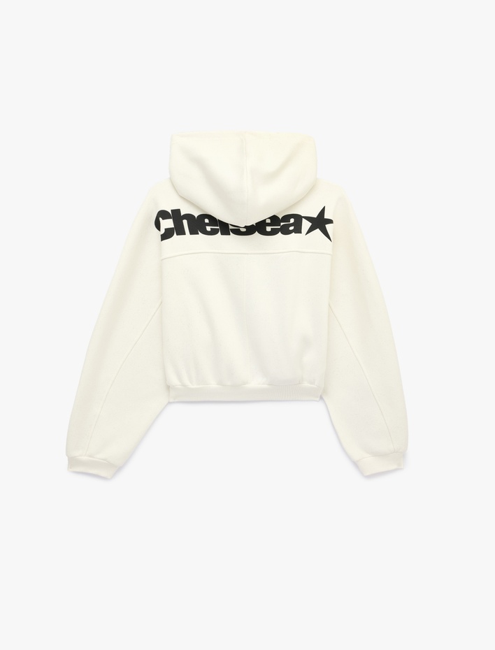  Şardonlu Kanguru Cepli Arkası Baskılı Cepli Simli Kapüşonlu Fermuarlı Crop Sweatshirt
