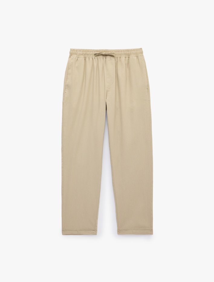  Slim Fit Keten Karışımlı Cepli Beli Lastikli Bağcıklı Pantolon