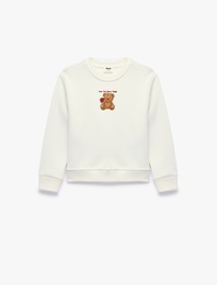 Ayıcık Baskılı Uzun Kollu Bisiklet Yaka Sweatshirt