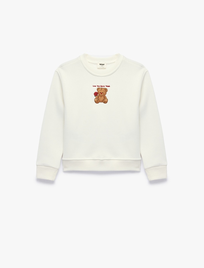 Kız Çocuk Ayıcık Baskılı Uzun Kollu Bisiklet Yaka Sweatshirt