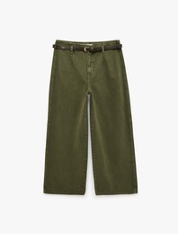 Pamuklu Geniş Paça Kemerli Crop Pantolon - Wide Leg Jeans