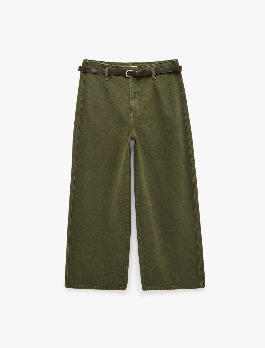 Koton Kadın Pamuklu Geniş Paça Kemerli Crop Pantolon - Wide Leg Jeans