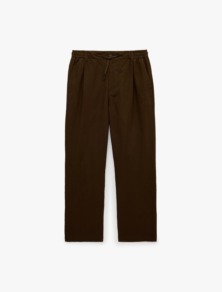  Slim Fit Cepli Pileli Keten Karışımlı Düğmeli Beli Lastikli Bağcıklı Pantolon