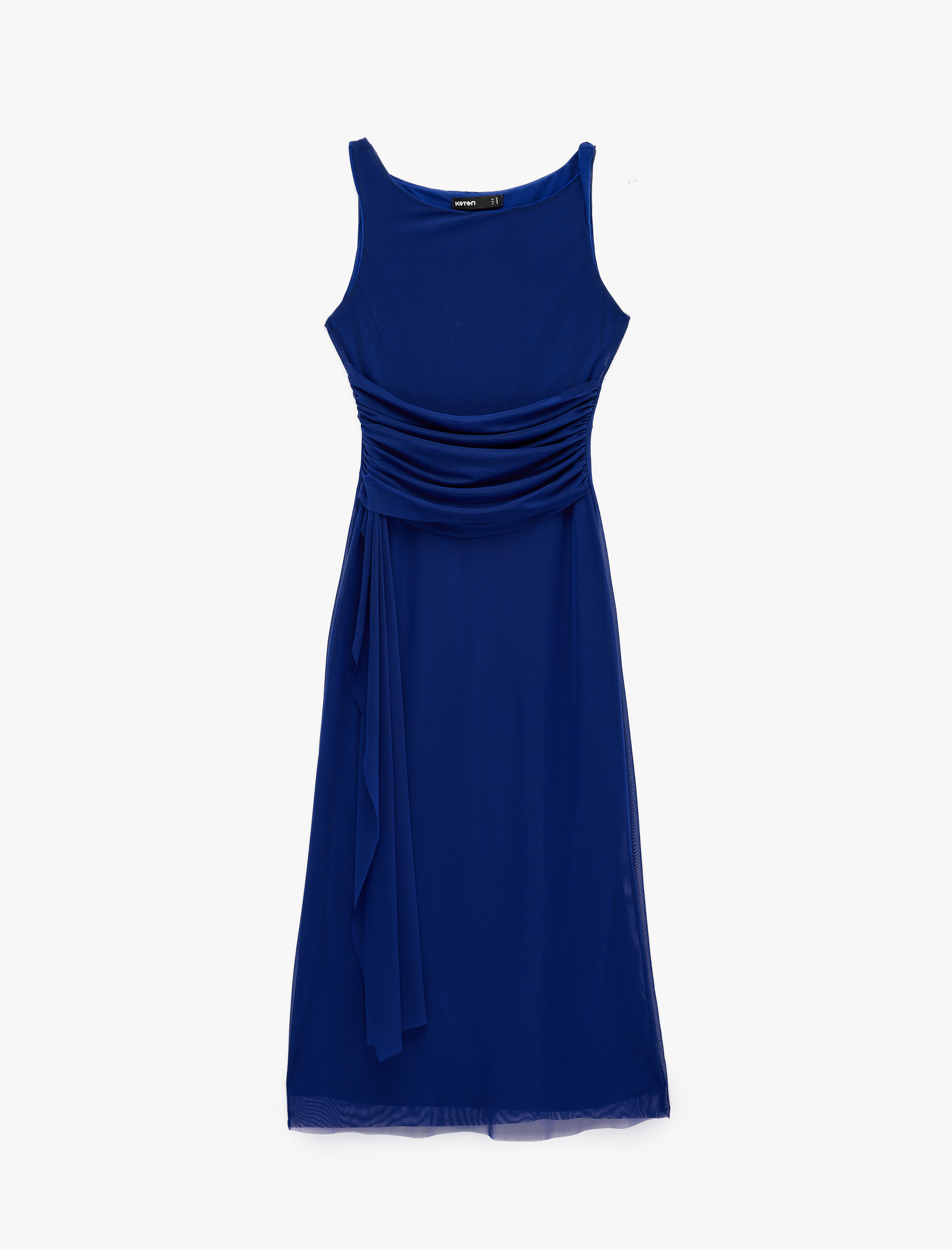   Slim Fit Asimetrik Drapeli Kayık Yuvarlak Yaka Kolsuz Midi Elbise