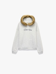 Baskılı Şardonlu Kanguru Cepli Suni Kürklü Kapüşonlu Sweatshirt