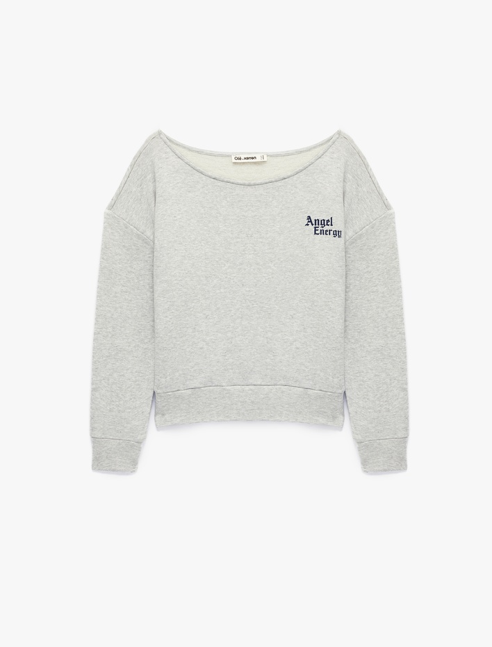 Modal Karışımlı Kayık Yaka Uzun Kollu Arkası Melek Baskılı Sweatshirt