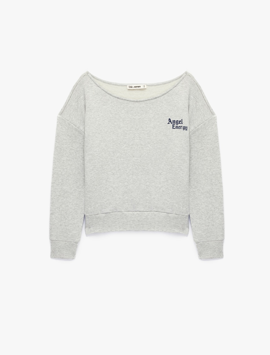 Koton Kadın Modal Karışımlı Kayık Yaka Uzun Kollu Arkası Melek Baskılı Sweatshirt