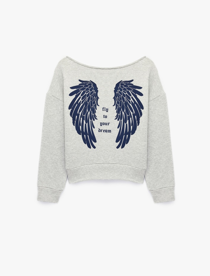  Modal Karışımlı Kayık Yaka Uzun Kollu Arkası Melek Baskılı Sweatshirt