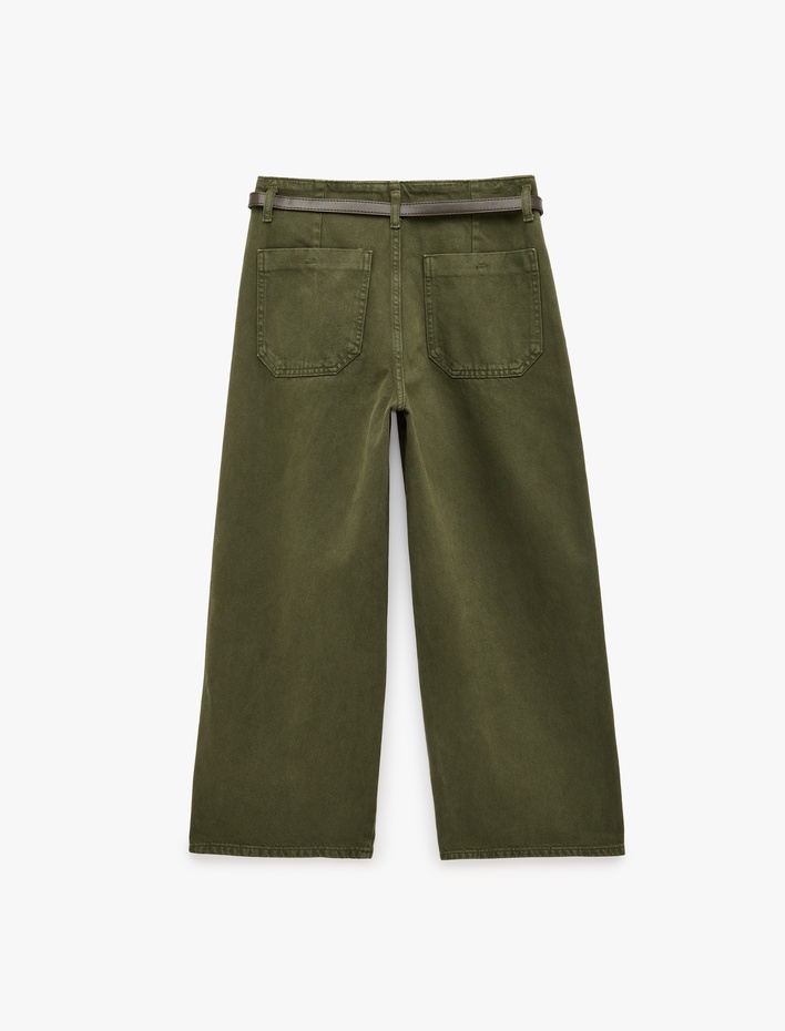  Pamuklu Geniş Paça Kemerli Crop Pantolon - Wide Leg Jeans