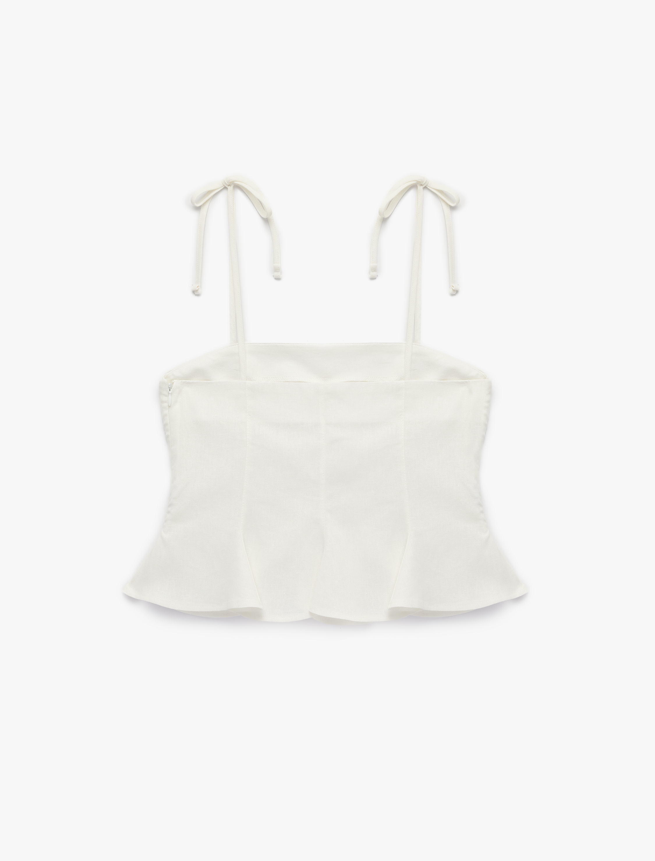   Slim Fit Hafif Peplum Kesim Pileli İp Askılı Crop Keten Bluz