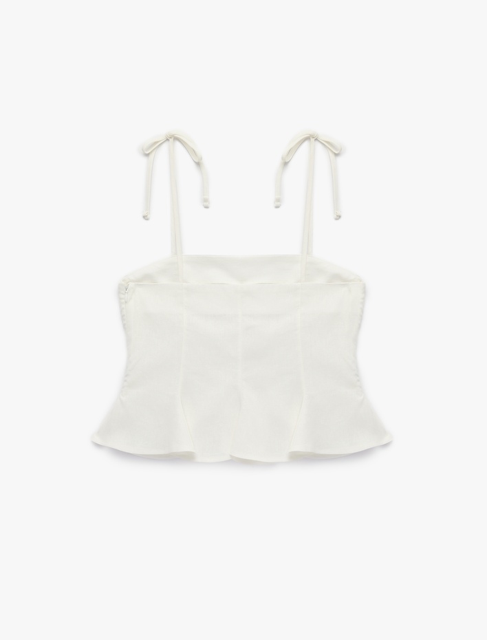  Slim Fit Hafif Peplum Kesim Pileli İp Askılı Crop Keten Bluz