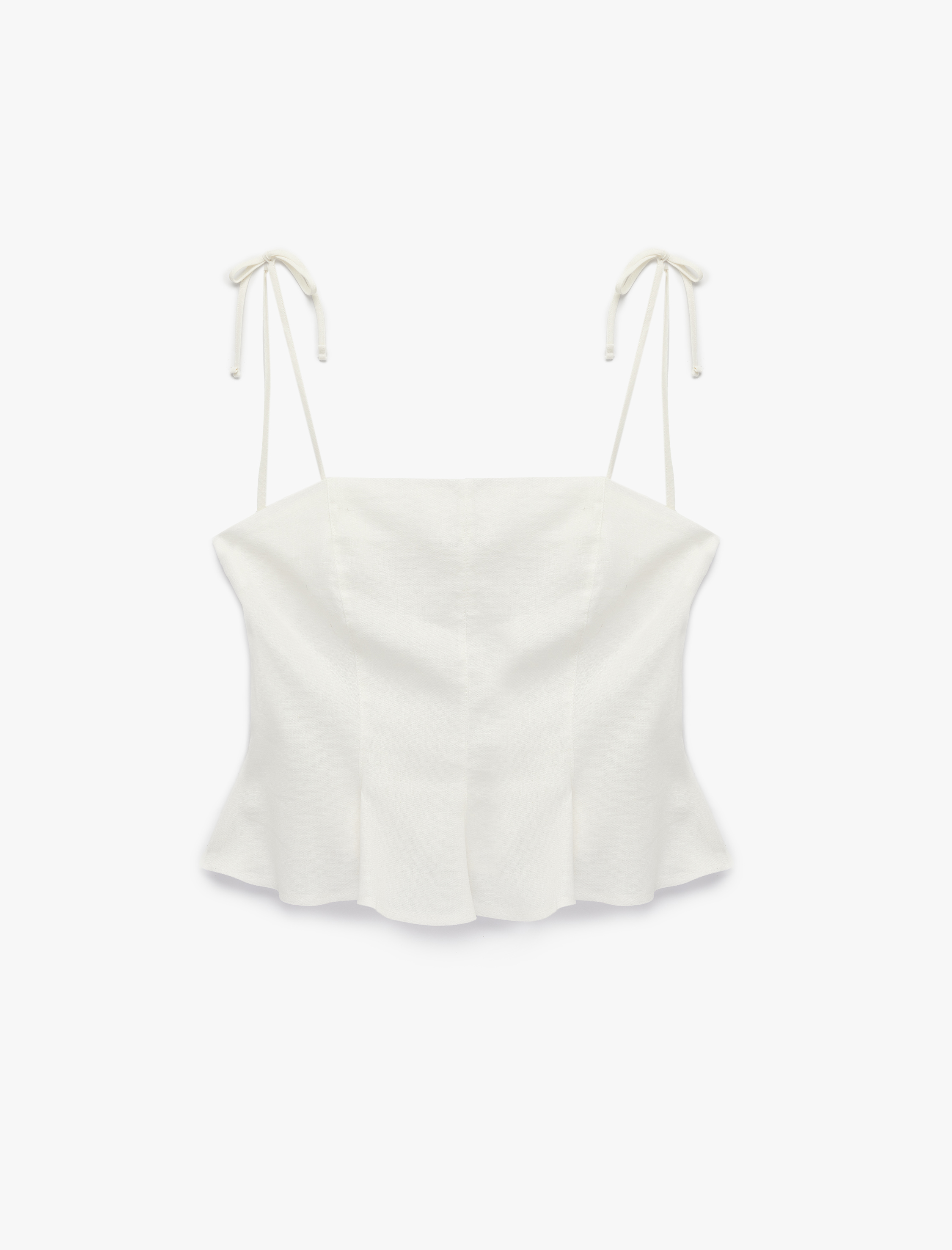   Slim Fit Hafif Peplum Kesim Pileli İp Askılı Crop Keten Bluz