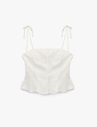 Slim Fit Hafif Peplum Kesim Pileli İp Askılı Crop Keten Bluz