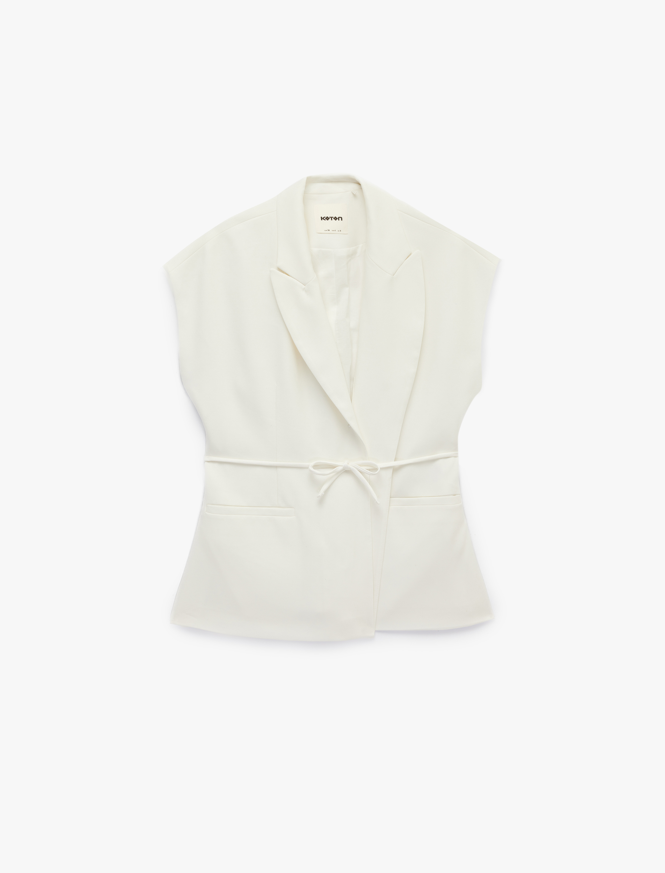   Cepli Beli Bağcıklı Kolsuz Uzun Kruvaze Blazer Yelek