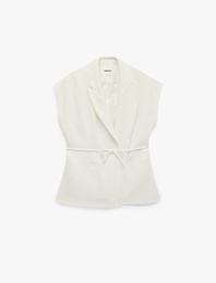 Cepli Beli Bağcıklı Kolsuz Uzun Kruvaze Blazer Yelek