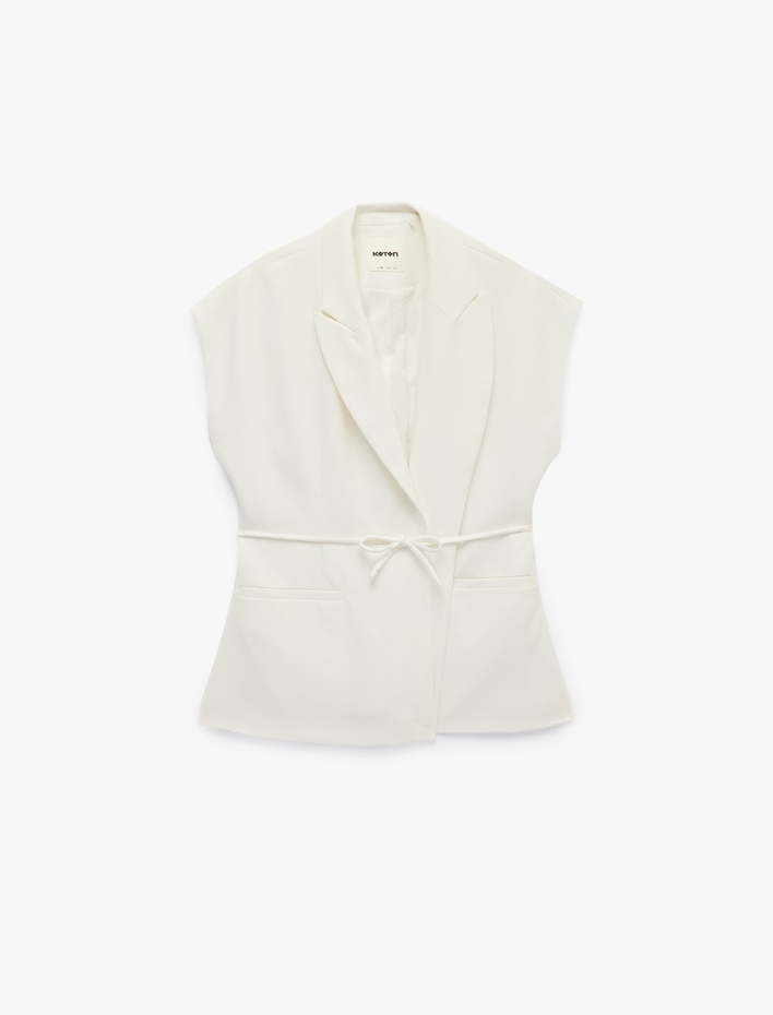 Cepli Beli Bağcıklı Kolsuz Uzun Kruvaze Blazer Yelek