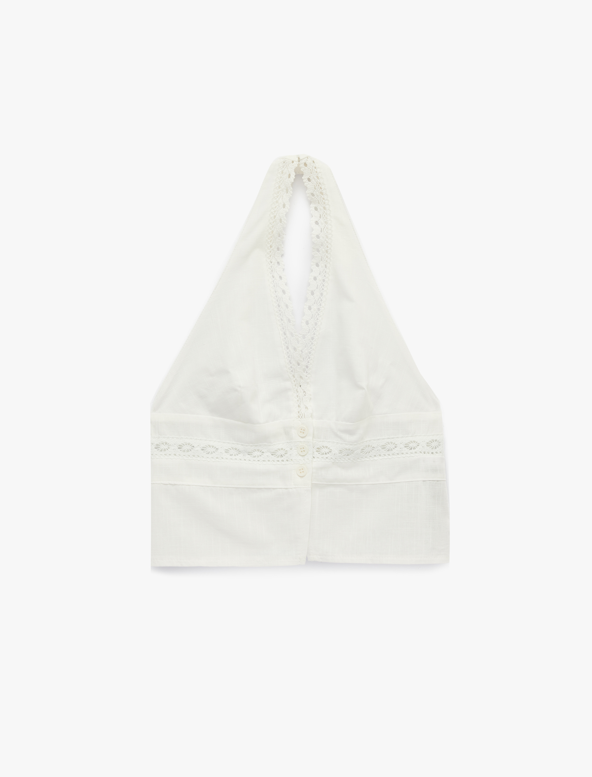   Pamuklu Halter Yaka Dantel Detaylı Düğmeli Kolsuz Crop Bluz