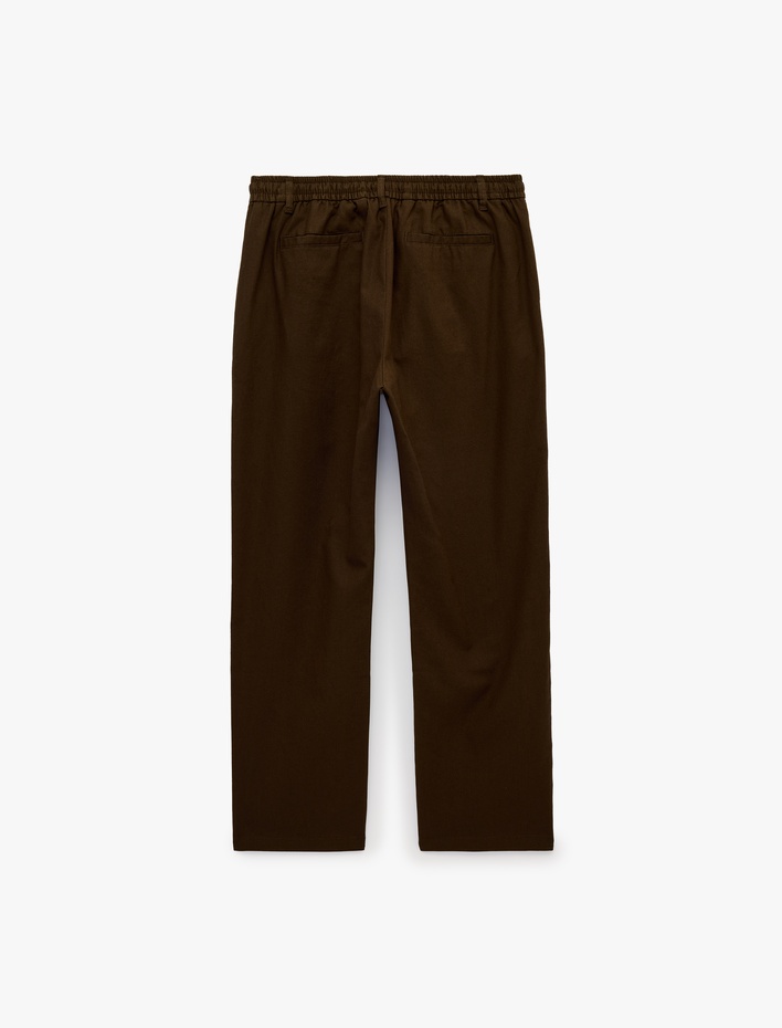  Slim Fit Cepli Pileli Keten Karışımlı Düğmeli Beli Lastikli Bağcıklı Pantolon