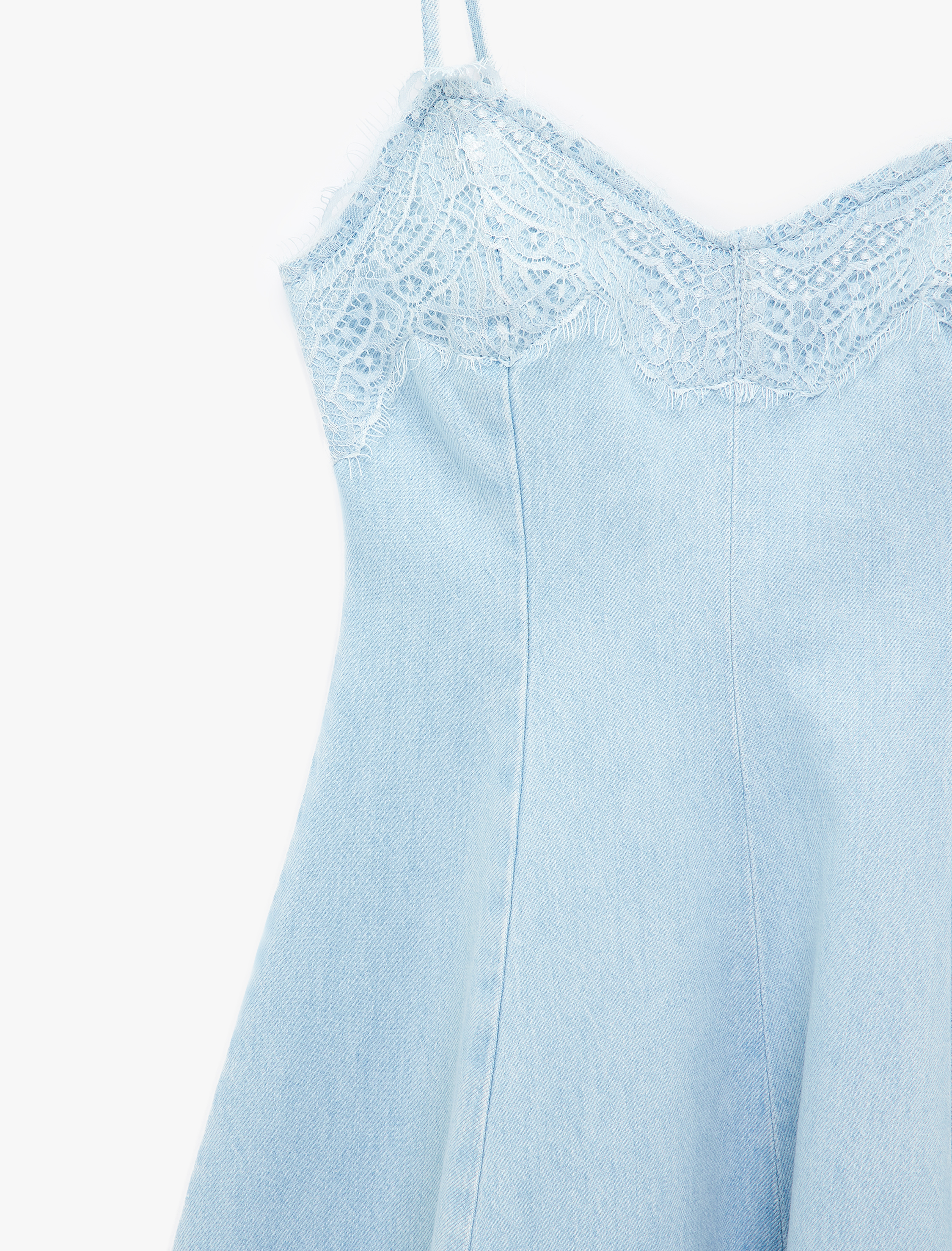   Pamuklu Dantel Detaylı V Yaka Kolsuz Midi Denim Elbise