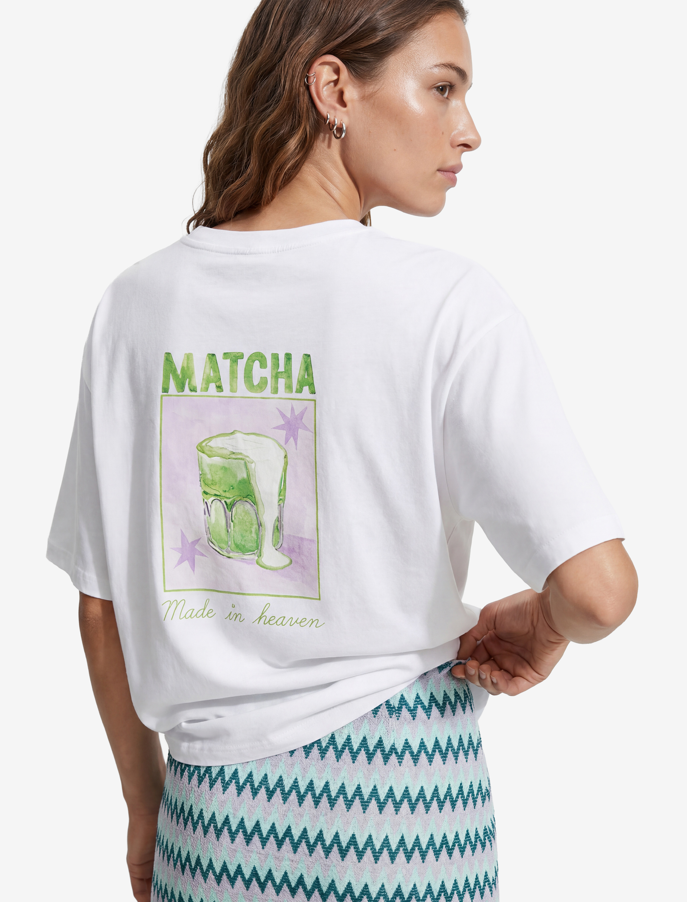   Pamuklu Arkası Matcha Baskılı Kısa Kollu Bisiklet Yaka Oversize Tişört