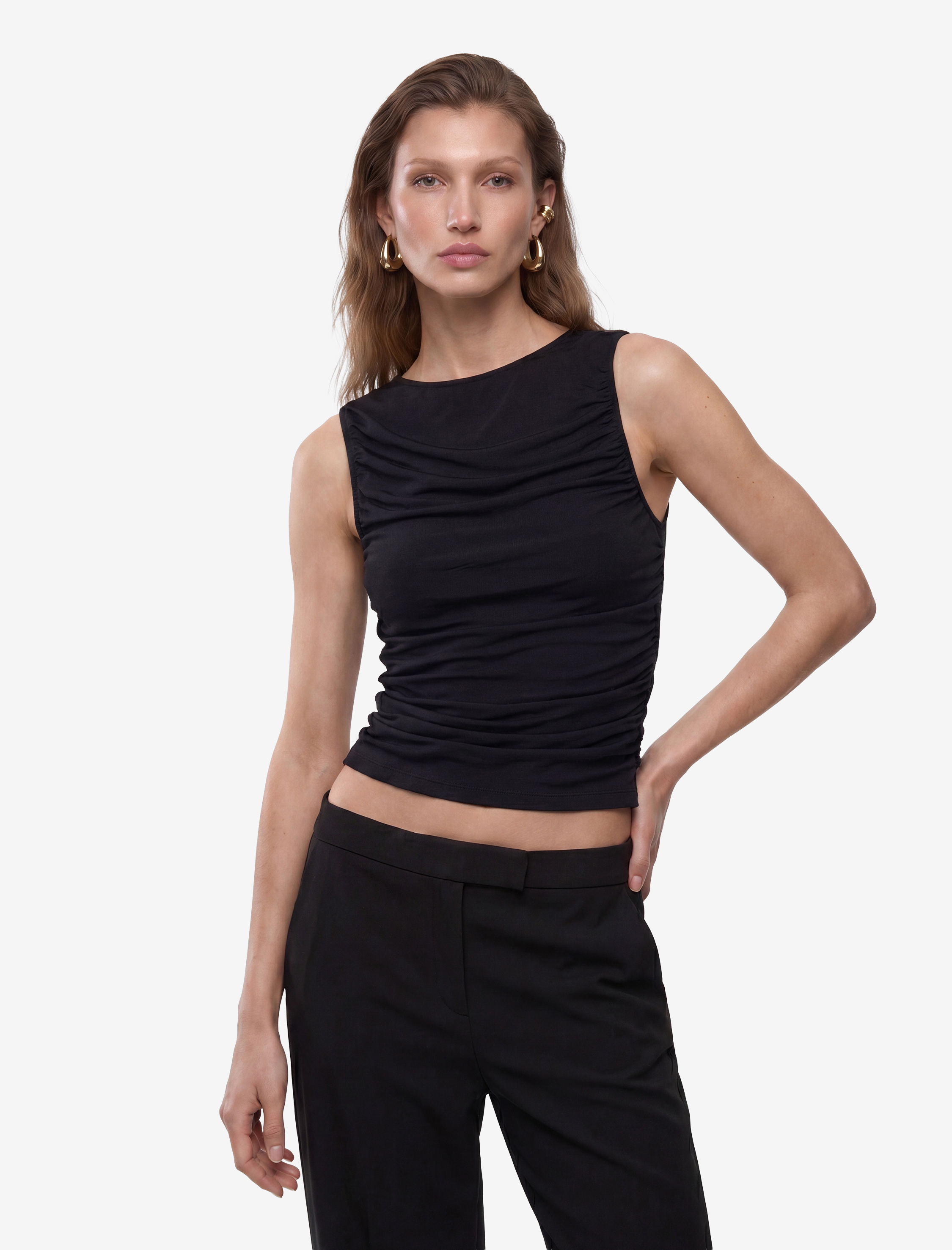   Skinny Fit Bisiklet Yaka Drapeli Kolsuz Tül Bluz