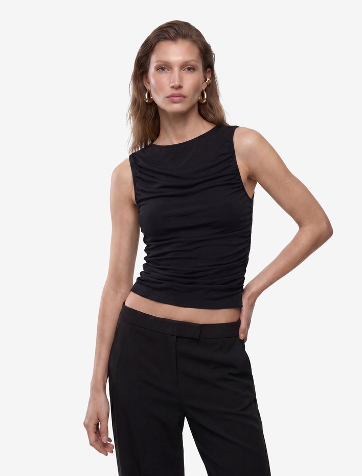  Skinny Fit Bisiklet Yaka Drapeli Kolsuz Tül Bluz