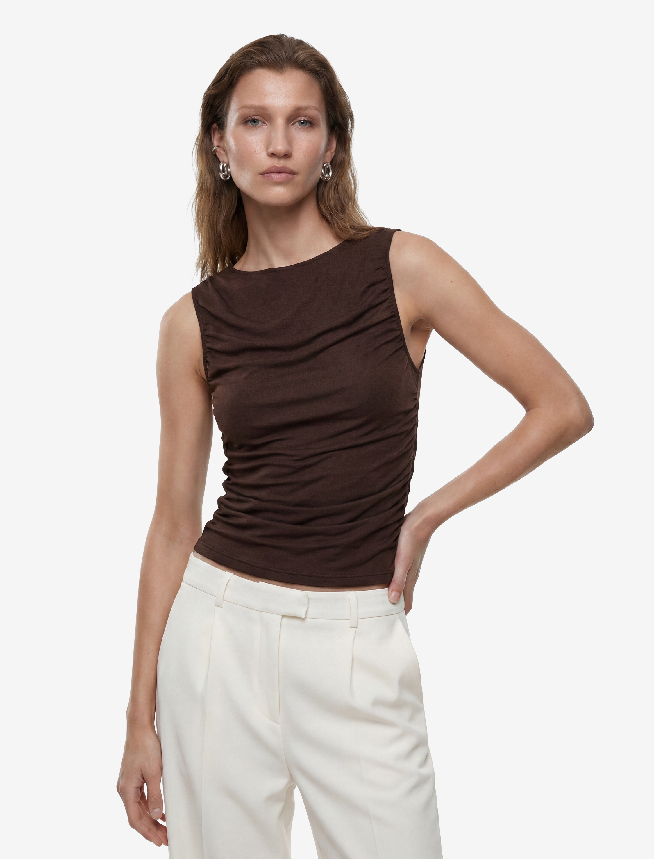   Skinny Fit Bisiklet Yaka Drapeli Kolsuz Tül Bluz